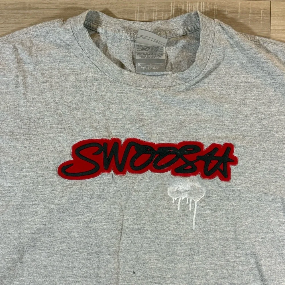 Vtg Nike Center Swoosh Spell Out Logo Mens Sz L Gray T-Shirt Made With USA Fabri